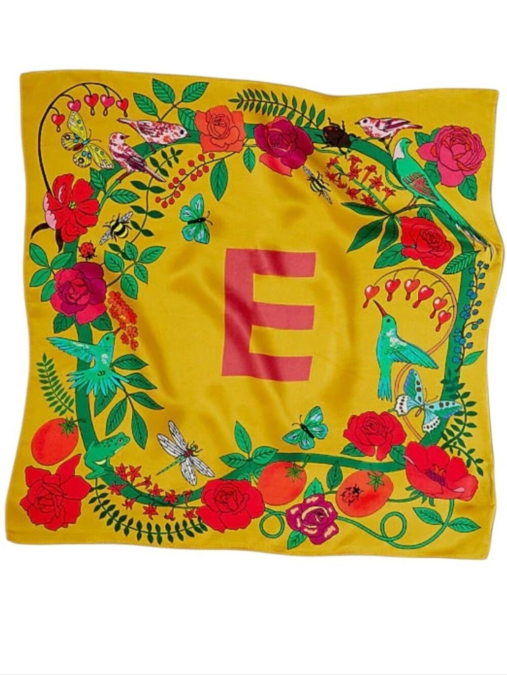 Antropologie Karen Mabon Yellow Floral Monogram E Silk Square Scarf 25x25 - Picture 1 of 5